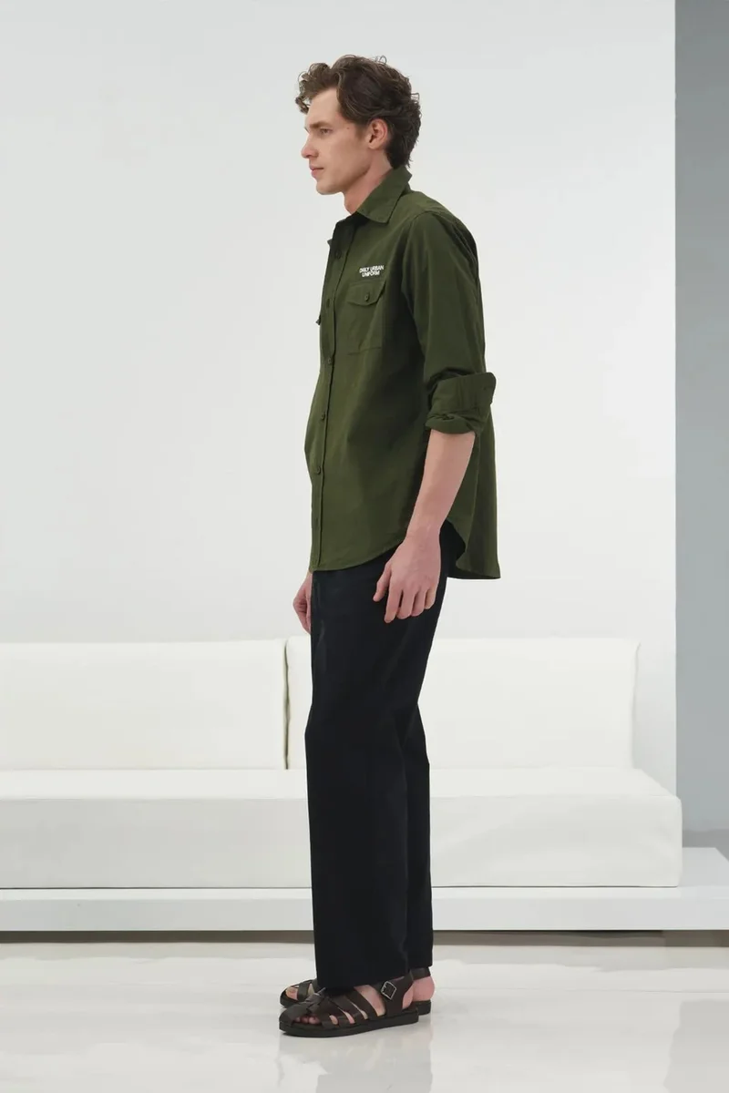 Giesto Khaki Green GIESTO Embroidered Text Print Long Sleeve Shirt for Men | Best Price UAE
