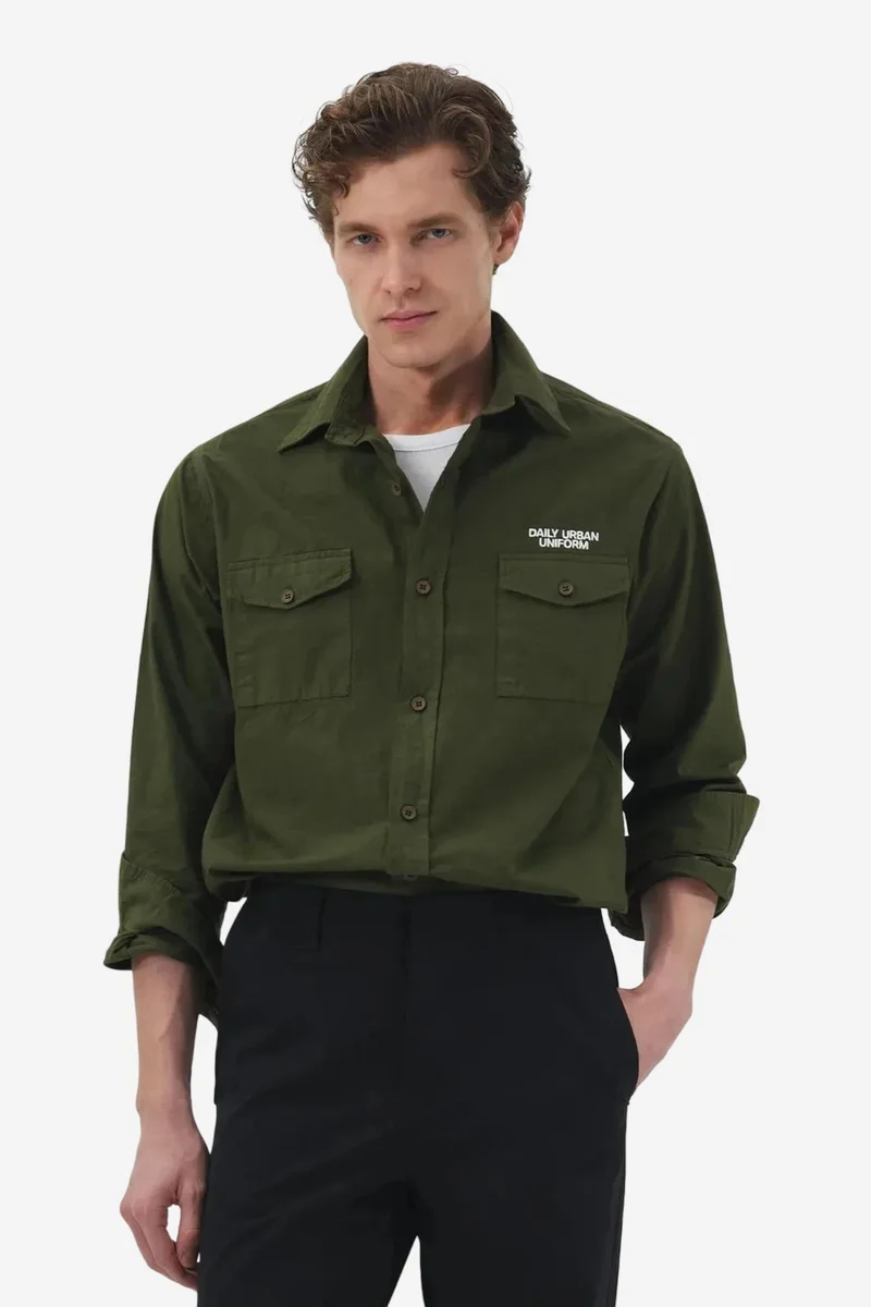 Giesto Khaki Green GIESTO Embroidered Text Print Long Sleeve Shirt for Men | Best Price UAE