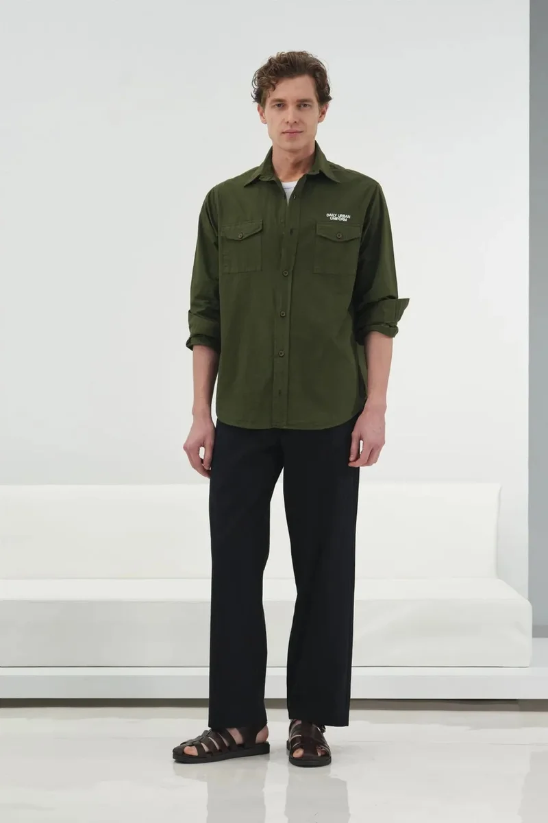 Giesto Khaki Green GIESTO Embroidered Text Print Long Sleeve Shirt for Men | Best Price UAE