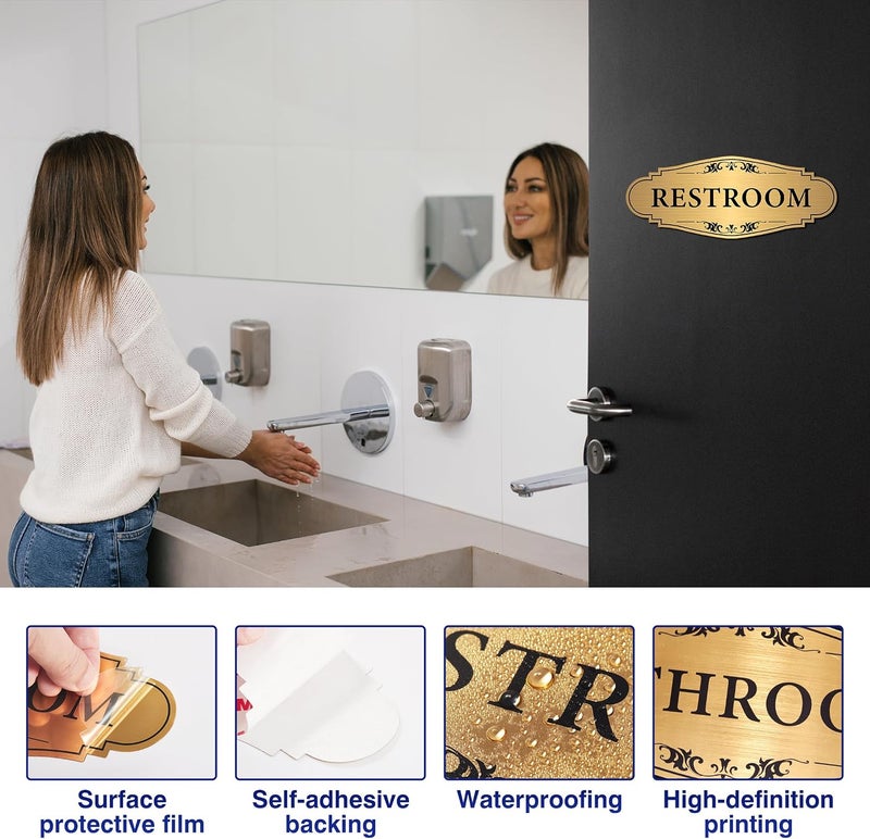 LUHIMO Restroom Sign Sticker for Business & Home, Self-Adhesive Brushed Gold Elegant Bathroom Signs for Door, Durable & Waterproof Unisex Restroom Signage for House toilet, Office, Store, Shop - Image 3