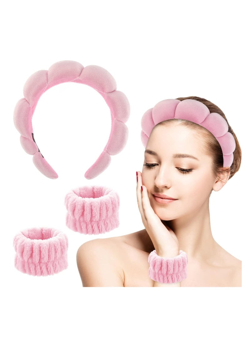 إسكدنيا عصابات الرأس ماء الإسفنج عصابات الرأس منتجع صحي، الأساور ثلاث قطع مجموعات أزياء للماكياج، الاستحمام غسول الوجه العناية بالبشرة، نساء، الوردي - Image 1