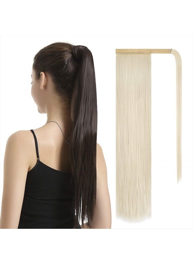BARSDAR 26 inch Ponytail Extension Long Straight Wrap Around Clip in Synthetic Fiber Hair for Women-Ash Medium Brown & Bleach Blonde - Image 1