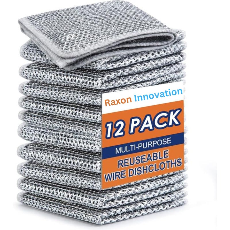 Raxon Innovation Multipurpose Wire Dishwashing Rags for Wet and Dry Stainless Steel Scrubber NonScratch Wire Dishcloth for Washing Dishes Sinks Counters 20cm x 20cm x 05cm Pack of 12 - Image 1