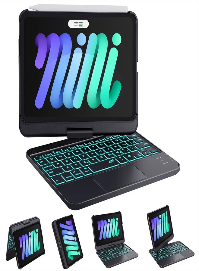 GreenLaw جراب لوحة مفاتيح GreenLaw لجهاز iPad mini 7 A17 Pro (2024) وMini 6 (2021) مقاس 8.3 بوصة، جراب قابل للدوران 360 درجة لجهاز iPad mini من الجيل السابع/السادس، لوحة مفاتيح تعمل باللمس بإضاءة خلفية بسبعة ألوان، قابل لإعادة الشحن من النوع C، أسود - Image 1