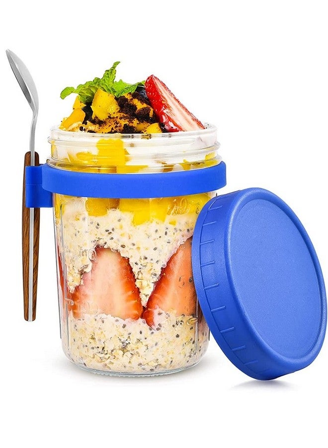 STAR WORK Overnight Oats Jars with Spoon and Lid Airtight Oatmeal Container with Measurement Marks, Mason Jars with Lid for Cereal On The Go Container Pack of (Blue, 1) - Image 1