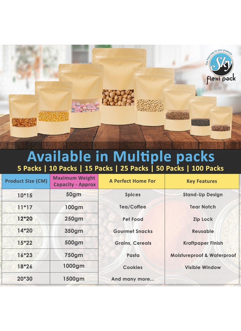SKY FLEXI PACK SKY FLEXI PACK Kraft Paper Ziplock Pouch 11 x 17cm Pack of 25 Airtight Reusable Stand Up Waterproof Multipurpose Storage Bags with Rectangle Transparent Window Capacity up to 100g  - Image 5