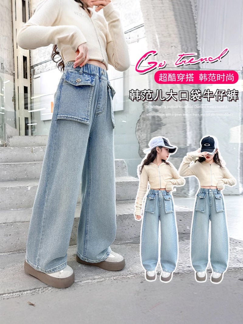 Girls' Spring Jeans Style Middle And Large Children'S Wide Leg Pants Western Style Girls' Straight Casual Pants Children'S Pants - Image 3