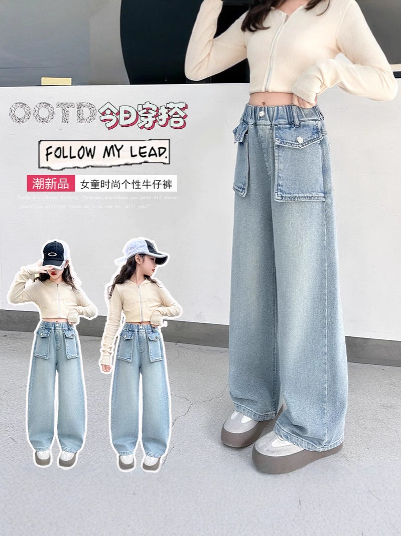 Girls' Spring Jeans Style Middle And Large Children'S Wide Leg Pants Western Style Girls' Straight Casual Pants Children'S Pants - Image 2