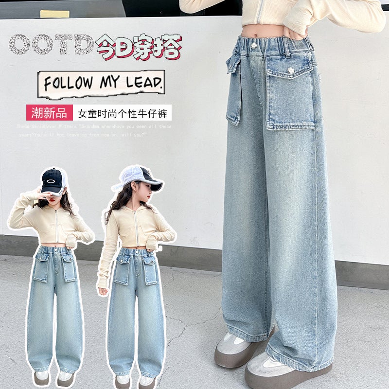Girls' Spring Jeans Style Middle And Large Children'S Wide Leg Pants Western Style Girls' Straight Casual Pants Children'S Pants - Image 1