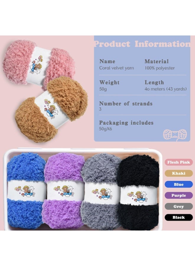 6 Pcs Soft Coral Velvet Chenille Yarn for Crocheting, Fluffy Yarn for DIY Knitting Crafts, Warm Yarn for Bags Hats Scarves Gloves Dolls（Purple+Grey+Blue+Khaki+Black+Flesh Pink） - Image 2