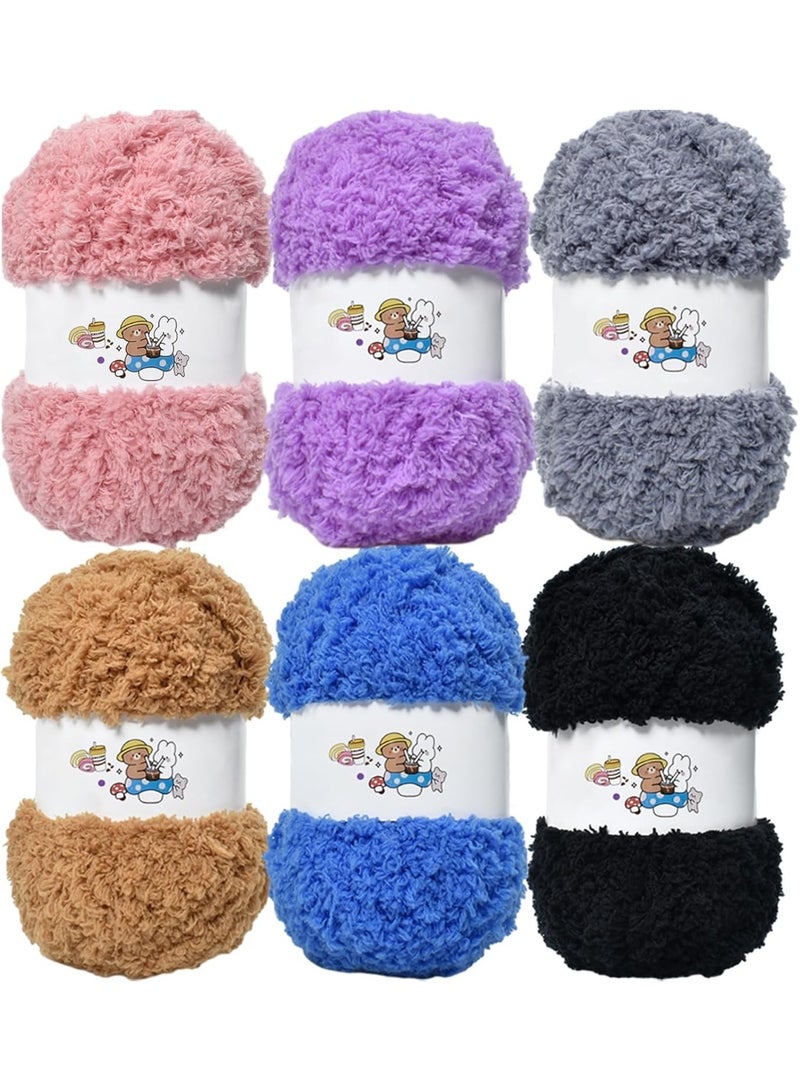 6 Pcs Soft Coral Velvet Chenille Yarn for Crocheting, Fluffy Yarn for DIY Knitting Crafts, Warm Yarn for Bags Hats Scarves Gloves Dolls（Purple+Grey+Blue+Khaki+Black+Flesh Pink） - Image 1