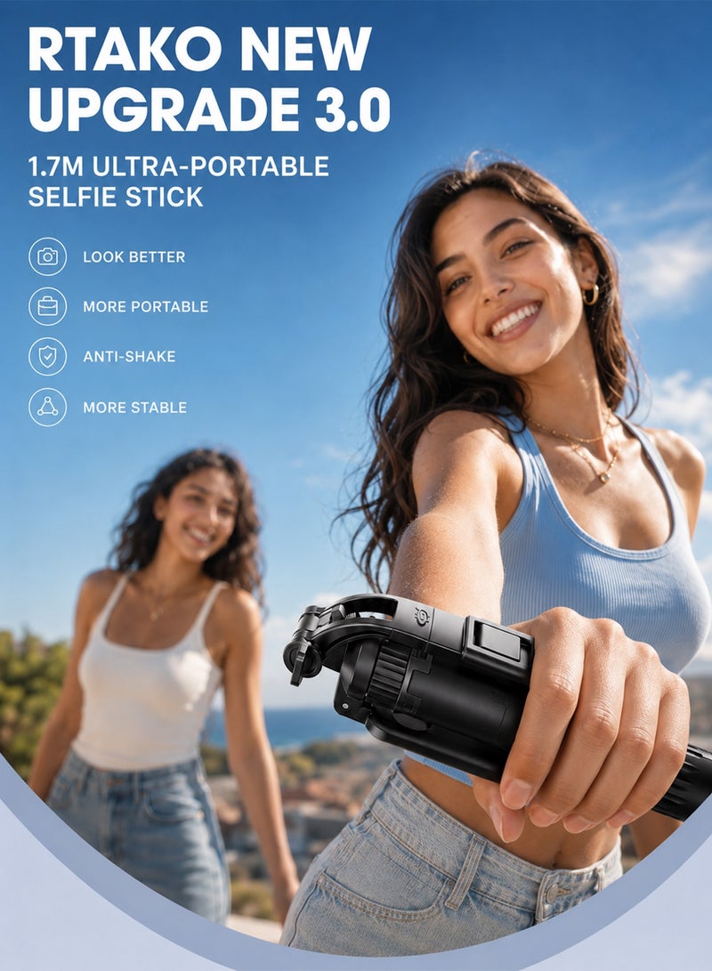 RTAKO 170CM Auto-Deploy Selfie Stick Tripod, One-Touch Instant Setup with 720° Rotation & Detachable Fill Light (3 Colors/9 Brightness), Wireless Remote up to 20M, Rechargeable, for iPhone/Android/insta360/Camera/Dji osmo, Perfect for Travel Vlog Video Photo, Black - Image 2