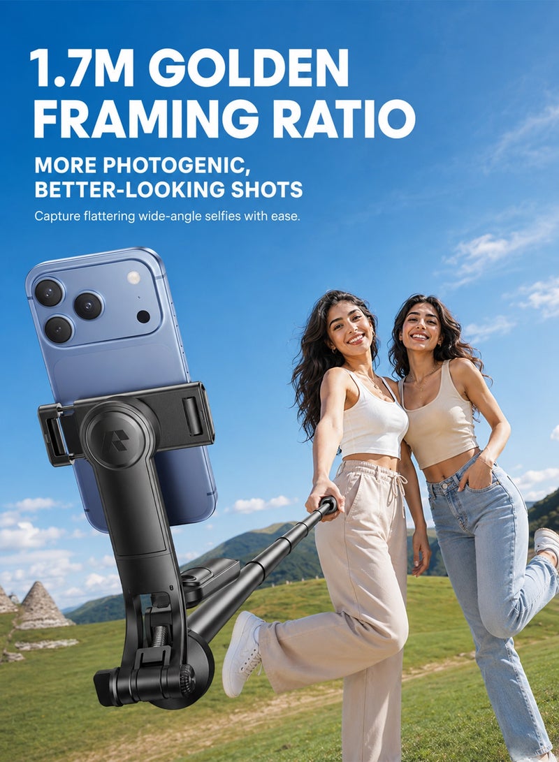 RTAKO 170CM Auto-Deploy Selfie Stick Tripod, One-Touch Instant Setup with 720° Rotation & Detachable Fill Light (3 Colors/9 Brightness), Wireless Remote up to 20M, Rechargeable, for iPhone/Android/insta360/Camera/Dji osmo, Perfect for Travel Vlog Video Photo, Black - Image 5