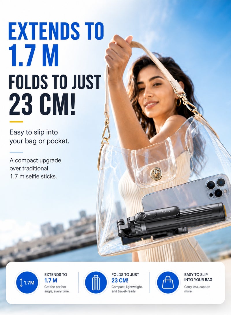 RTAKO 170CM Auto-Deploy Selfie Stick Tripod, One-Touch Instant Setup with 720° Rotation & Detachable Fill Light (3 Colors/9 Brightness), Wireless Remote up to 20M, Rechargeable, for iPhone/Android/insta360/Camera/Dji osmo, Perfect for Travel Vlog Video Photo, Black - Image 4