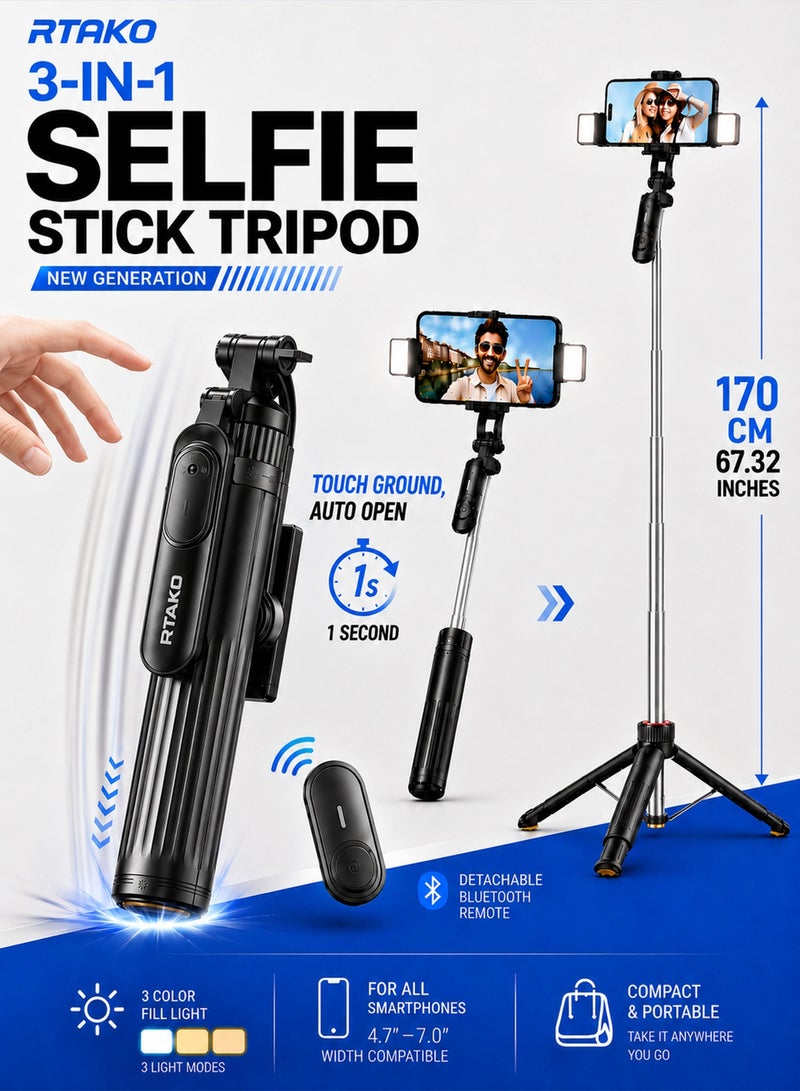 RTAKO 170CM Auto-Deploy Selfie Stick Tripod, One-Touch Instant Setup with 720° Rotation & Detachable Fill Light (3 Colors/9 Brightness), Wireless Remote up to 20M, Rechargeable, for iPhone/Android/insta360/Camera/Dji osmo, Perfect for Travel Vlog Video Photo, Black - Image 1