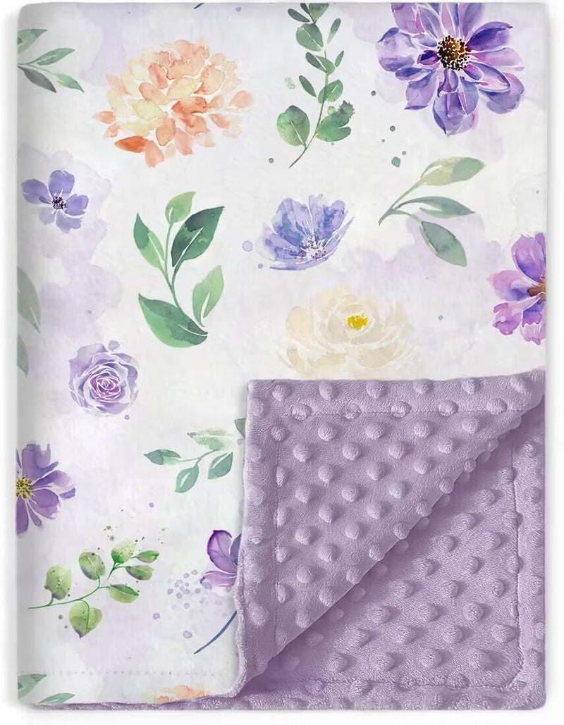 BORITAR Baby Blanket Super Soft Double Layer Minky with Dotted Backing for Girls Receiving Blanket with Elegant Purple Floral Printed Blanket 30 x 40 Inch75x100cm
