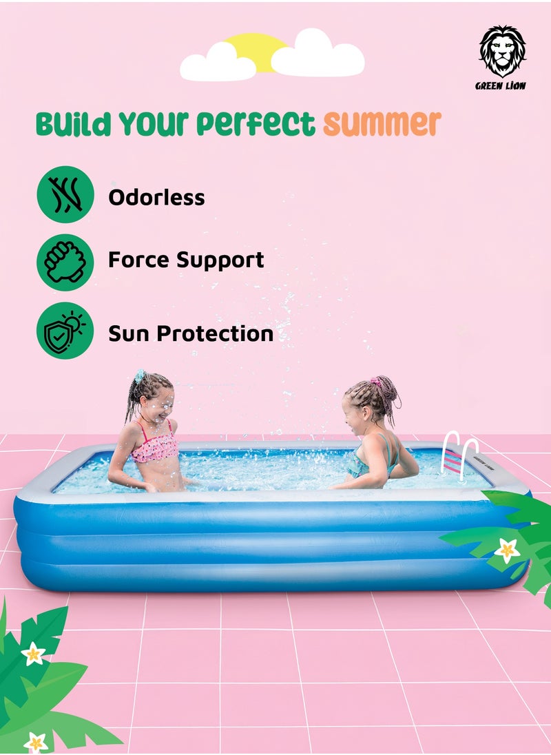 GREEN LION - Inflatable Swimming Pool / 305cm x 180cm x 60cm / Inflatable/ Kiddie Pool / Large Size / Blow Up Swimming Pool for Family Adults Kids/ Blowup Pool for Indoor Outdoor Backyard - Blue - Image 1