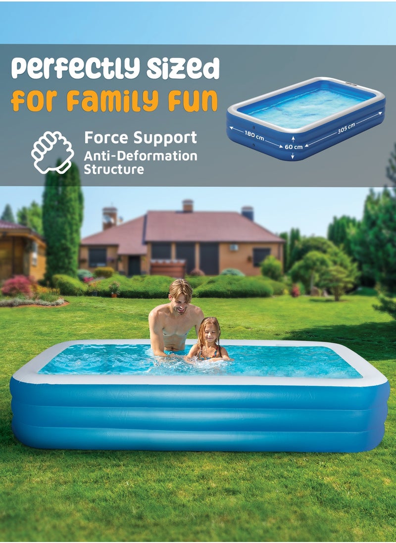GREEN LION - Inflatable Swimming Pool / 305cm x 180cm x 60cm / Inflatable/ Kiddie Pool / Large Size / Blow Up Swimming Pool for Family Adults Kids/ Blowup Pool for Indoor Outdoor Backyard - Blue - Image 1