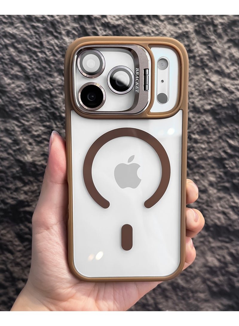 غطاء هاتف بحامل معدني لهاتف iPhone 17 Pro Max – شحن لاسلكي مغناطيسي – مصنوع من الأكريليك والسيليكون – مزود بعدسة لحماية الكاميرا – لون صحراوي - Image 1