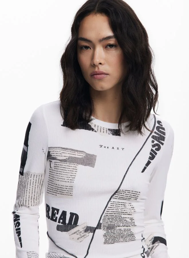 DESIGUAL Ribbed Newspaper T-Shirt
