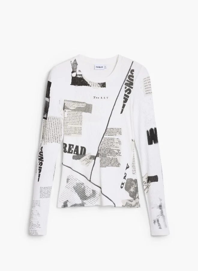 DESIGUAL Ribbed Newspaper T-Shirt