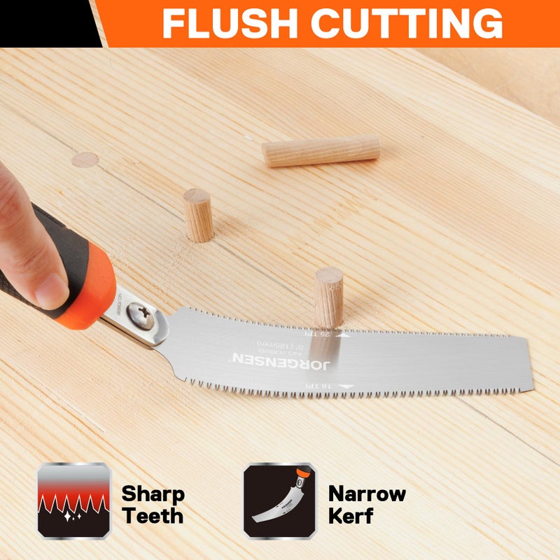 JORGENSEN Japanese Flush Cut Saw, 5 Inch Pro Double Edge Pull Saw, SK5 Flexible Blade Wood Handsaw, 18/25 TPI Blade with Soft Grip Handle for Hardwood & Softwood Woodworking, Wood Trim - Image 5