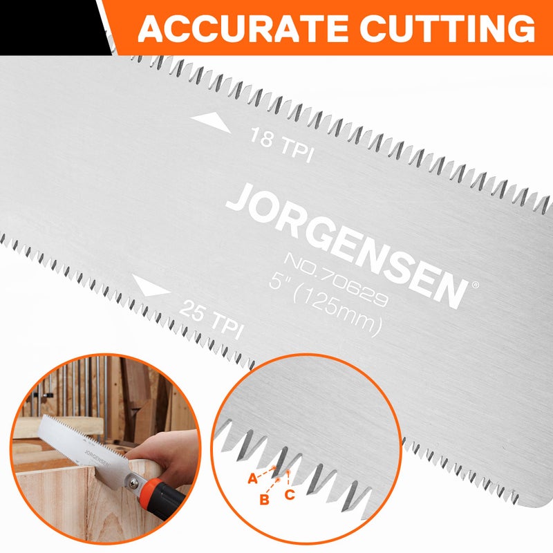 JORGENSEN Japanese Flush Cut Saw, 5 Inch Pro Double Edge Pull Saw, SK5 Flexible Blade Wood Handsaw, 18/25 TPI Blade with Soft Grip Handle for Hardwood & Softwood Woodworking, Wood Trim - Image 4