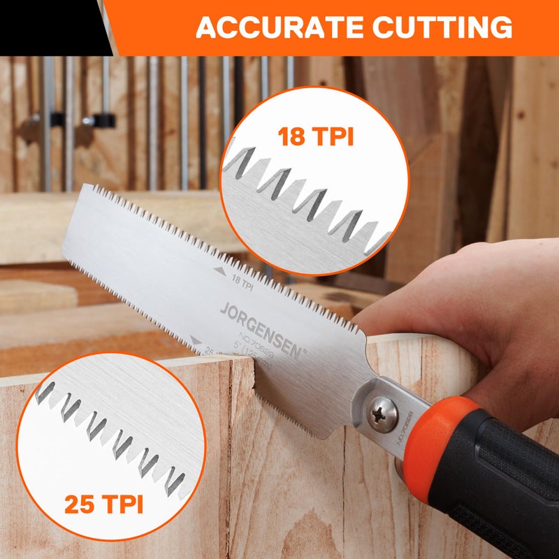 JORGENSEN Japanese Flush Cut Saw, 5 Inch Pro Double Edge Pull Saw, SK5 Flexible Blade Wood Handsaw, 18/25 TPI Blade with Soft Grip Handle for Hardwood & Softwood Woodworking, Wood Trim - Image 3