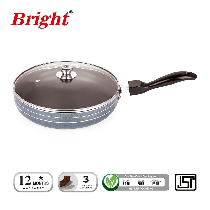 Bright مقلاة غير لاصقة مشرقة مع غطاء تحريض للطهي | ألمنيوم | مقابض باكلايت مقاومة للحرارة | خالية من PFOA وغير تفاعلية مع الجسم | 23 سم/2 لتر | قطر 3 مم - Image 2