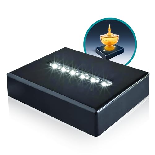ASENTE 6 LED Light Pedestal - Rectangular Satin Matte Black Lacquer White Light Stand Base for 3D Art Glass, Room Decor and Gemstones and Crystals - AC/USB Adapter Powered (Black) - Image 1