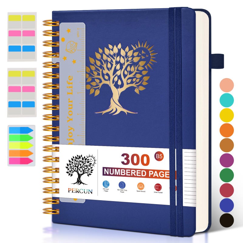 PERCUN Large Spiral Notebook Journal for Women Men - 300 Numbered Lined Pages, College Ruled,B5 Hardcover Spiral Bound Notebook for School, Work, Note Taking, Writing, Leather Spiral Journal 7"x10" - Image 1