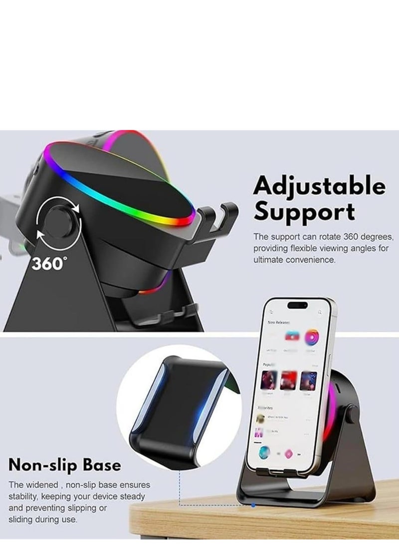 4-in-1 360° Rotating Bluetooth Speaker Stand, Cell Phone Stand with Wireless Bluetooth Induction Speaker, Anti-Slip Base HD Surround Sound, with Charging Function & LED Mood Light (Black)  - Image 4