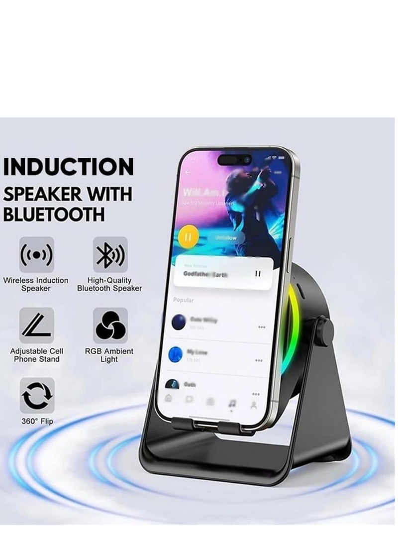 4-in-1 360° Rotating Bluetooth Speaker Stand, Cell Phone Stand with Wireless Bluetooth Induction Speaker, Anti-Slip Base HD Surround Sound, with Charging Function & LED Mood Light (Black)  - Image 3