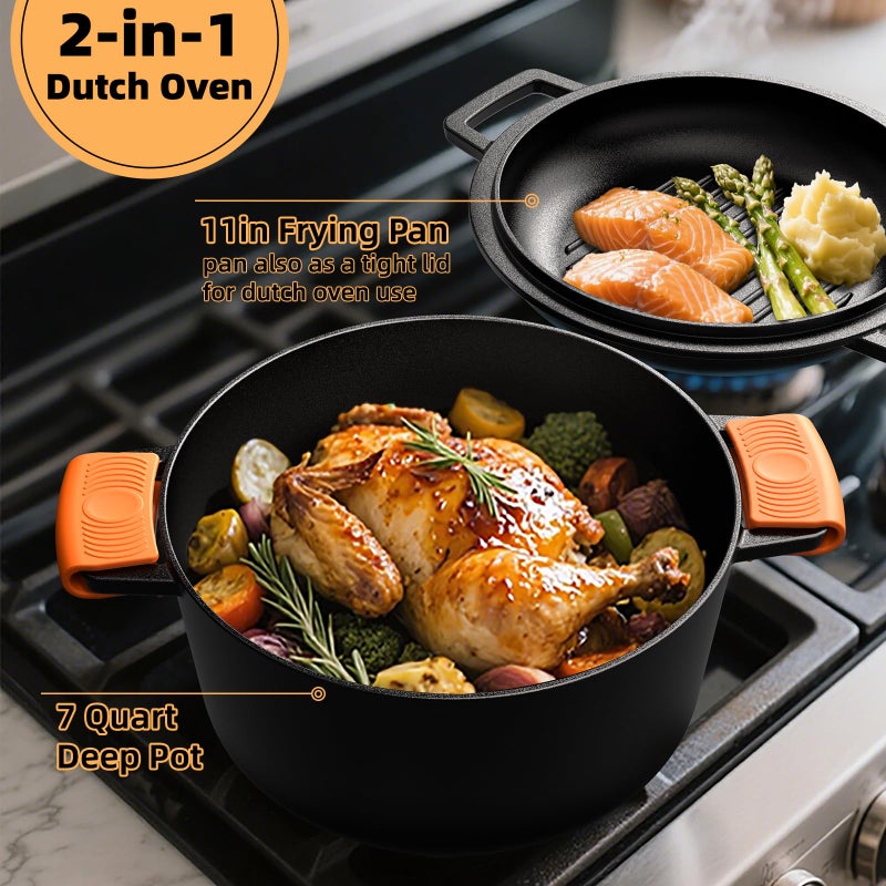 Umite Chef 2-in-1 Pre-Seasoned Cast Iron Double Dutch Oven Pot with Skillet Lid & Silicone Sleeves â€“ Raised Rib Skillet Lidâ€“ Umite Chef 7QT Cast Iron Skillet Cookware Pan Set wirh Dual Handles â€“ Oven, Grill, Campfire & Stovetop Safe â€“PFAS-Free - Image 5