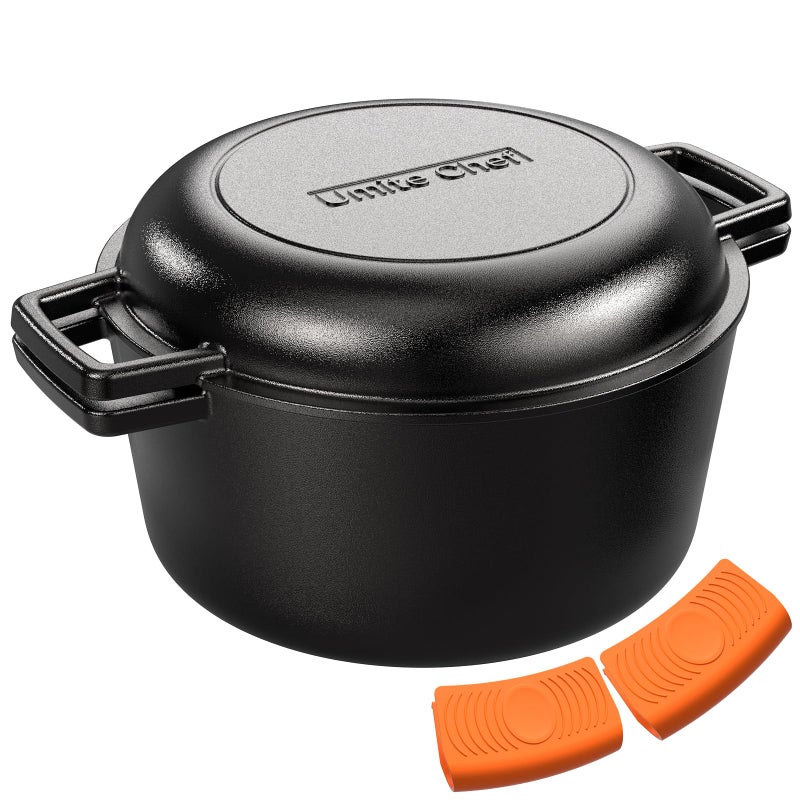 Umite Chef 2-in-1 Pre-Seasoned Cast Iron Double Dutch Oven Pot with Skillet Lid & Silicone Sleeves â€“ Raised Rib Skillet Lidâ€“ Umite Chef 7QT Cast Iron Skillet Cookware Pan Set wirh Dual Handles â€“ Oven, Grill, Campfire & Stovetop Safe â€“PFAS-Free - Image 1