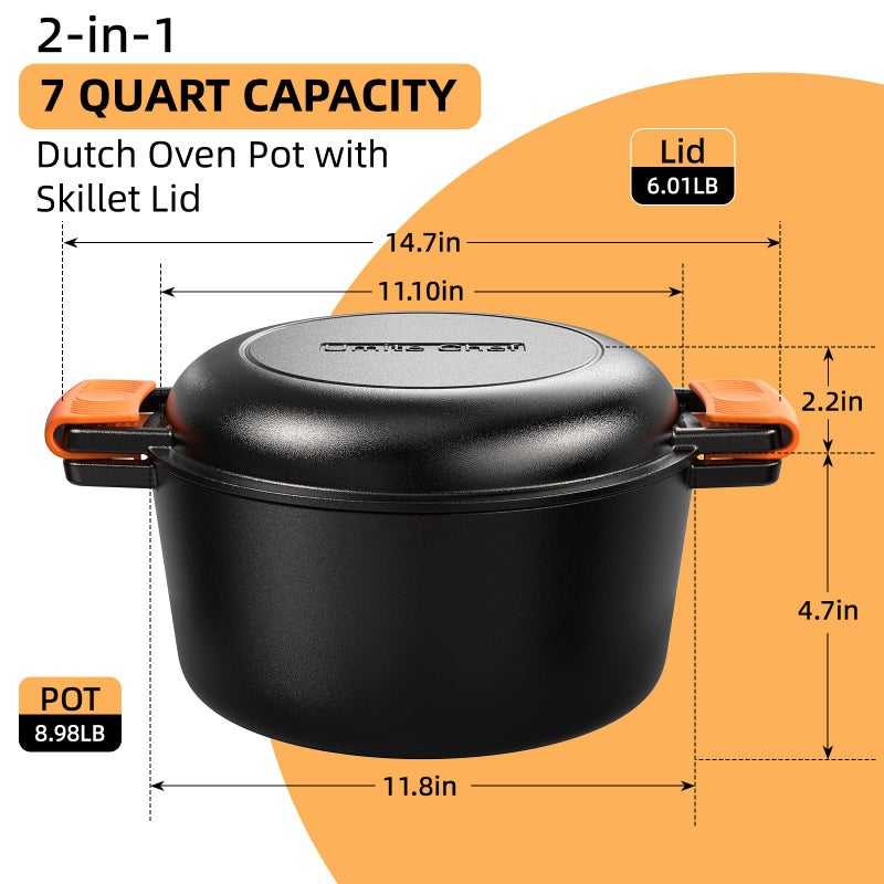 Umite Chef 2-in-1 Pre-Seasoned Cast Iron Double Dutch Oven Pot with Skillet Lid & Silicone Sleeves â€“ Raised Rib Skillet Lidâ€“ Umite Chef 7QT Cast Iron Skillet Cookware Pan Set wirh Dual Handles â€“ Oven, Grill, Campfire & Stovetop Safe â€“PFAS-Free - Image 2