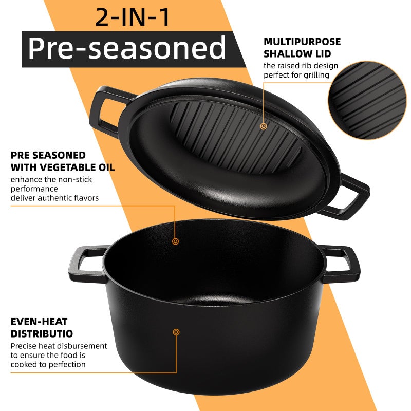 Umite Chef 2-in-1 Pre-Seasoned Cast Iron Double Dutch Oven Pot with Skillet Lid & Silicone Sleeves â€“ Raised Rib Skillet Lidâ€“ Umite Chef 7QT Cast Iron Skillet Cookware Pan Set wirh Dual Handles â€“ Oven, Grill, Campfire & Stovetop Safe â€“PFAS-Free - Image 3
