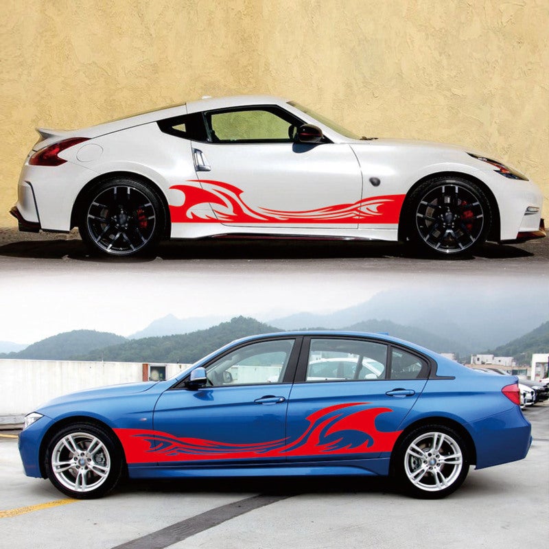 Car Body Side Stickers: 2Pcs Red Premium Vinyl Wave Flame Graphics - Waterproof Sunproof Self-Adhesive Removable Decals for Car Decoration - Image 3