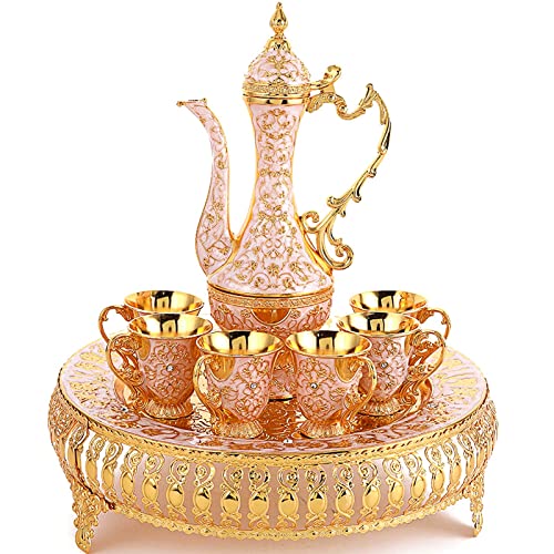 Igtazy Turkish Coffee Cup and Tea Pot Set Including TeapotTea Tray6 Metal CupsTea Service Set for Tea Table DecorHip Flask White and Gold - Image 1