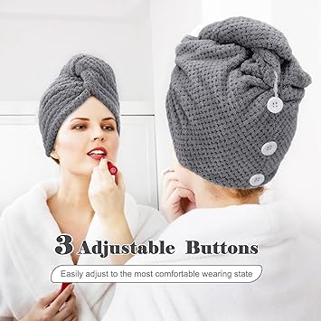FREATECH 3Pack Microfibre Hair Towel Wrap Antifrizz Turbans Super Absorbent and Soft Hair Drying Towel with 3 Adjustable Buttons for Women Men Kids Wet Curly Long Plopping - Image 4