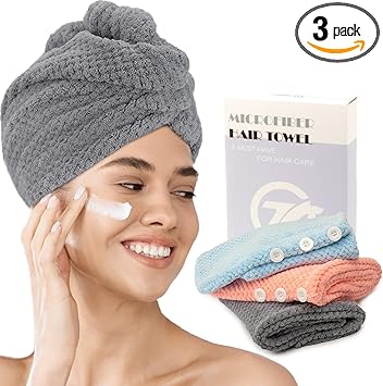 FREATECH 3Pack Microfibre Hair Towel Wrap Antifrizz Turbans Super Absorbent and Soft Hair Drying Towel with 3 Adjustable Buttons for Women Men Kids Wet Curly Long Plopping - Image 1