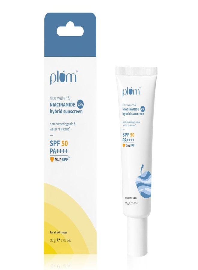 Plum 2% Niacinamide Sunscreen & Rice Water SPF 50 PA++++ Sunscreen In-vivo & in-vitro tested | non-comedogenic | 4-hr water resistant | 30g - Image 1