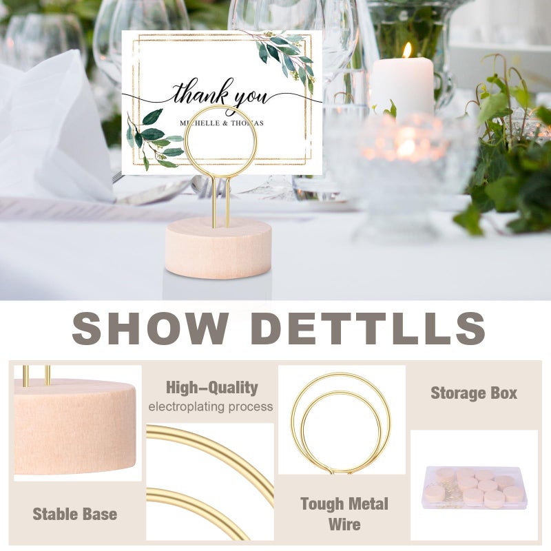 Oubest Table Number Holders Pack of 10 Metal Wire with Wooden Base for Better Stability Place Card Holders - Centerpieces, Picture Photo Sign Stands for Weddings, Party, Birthdays -Gold - Image 3