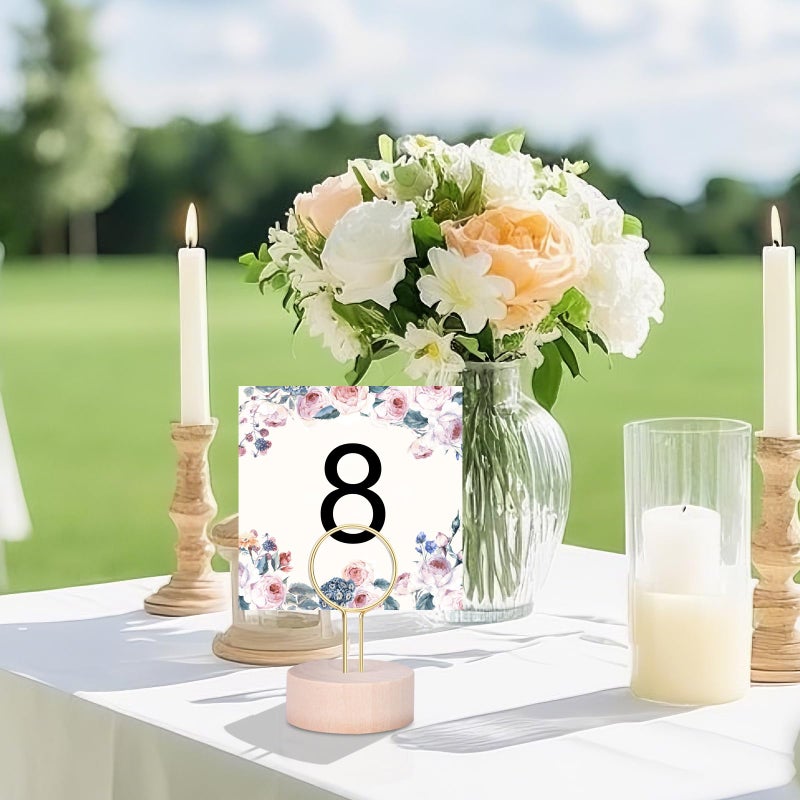 Oubest Table Number Holders Pack of 10 Metal Wire with Wooden Base for Better Stability Place Card Holders - Centerpieces, Picture Photo Sign Stands for Weddings, Party, Birthdays -Gold - Image 5
