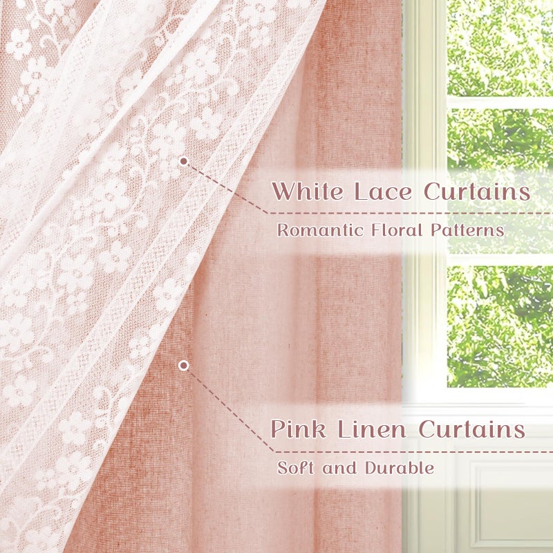 ASPMIZ Linen Pink Kitchen Tier Curtains 36 Inch Length, Double Layered Kitchen Curtain with Linen and Lace, Rod Pocket Window Curtains with Tiebacks, Boho Window Treatments for Bathroom Cafe, 2 Panel - Image 2