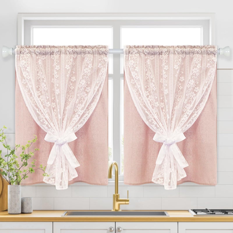 ASPMIZ Linen Pink Kitchen Tier Curtains 36 Inch Length, Double Layered Kitchen Curtain with Linen and Lace, Rod Pocket Window Curtains with Tiebacks, Boho Window Treatments for Bathroom Cafe, 2 Panel - Image 1