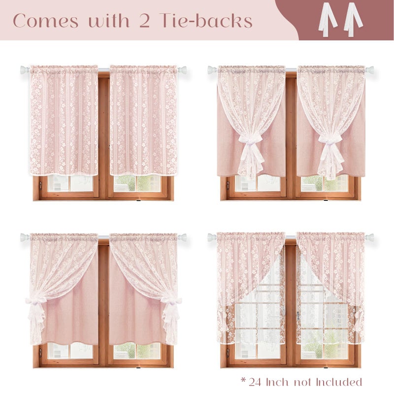ASPMIZ Linen Pink Kitchen Tier Curtains 36 Inch Length, Double Layered Kitchen Curtain with Linen and Lace, Rod Pocket Window Curtains with Tiebacks, Boho Window Treatments for Bathroom Cafe, 2 Panel - Image 3