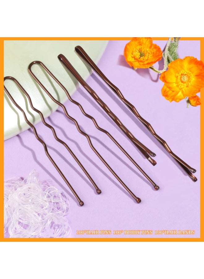 JUMEI 300PCS Hair Pins Kit –  100 Brown Bobby Pins + 100 U-Shaped Hair Pins + 100 Clear Hair Bands – 2", 2.36", 2.75" – Ideal for Women’s Buns & Updos - Image 3