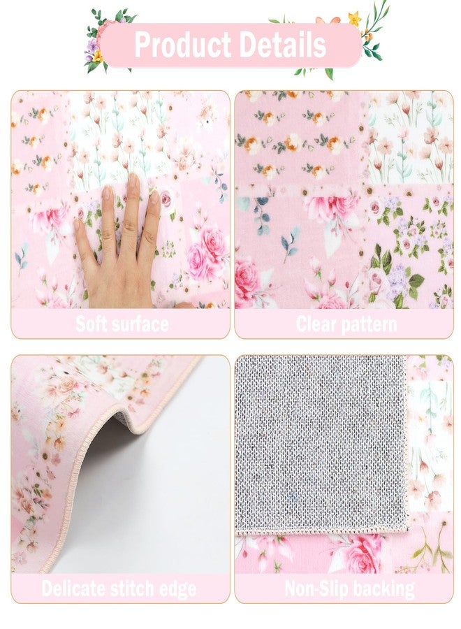 PCSWEET HOME طقم سجاد مطبخ زهري وردي من PCSWEET HOME، 3 قطع، سجاد مطبخ قابل للغسل، مانع للانزلاق، متين، مناسب للممرات وغرف الغسيل، أبيض/وردي - Image 3