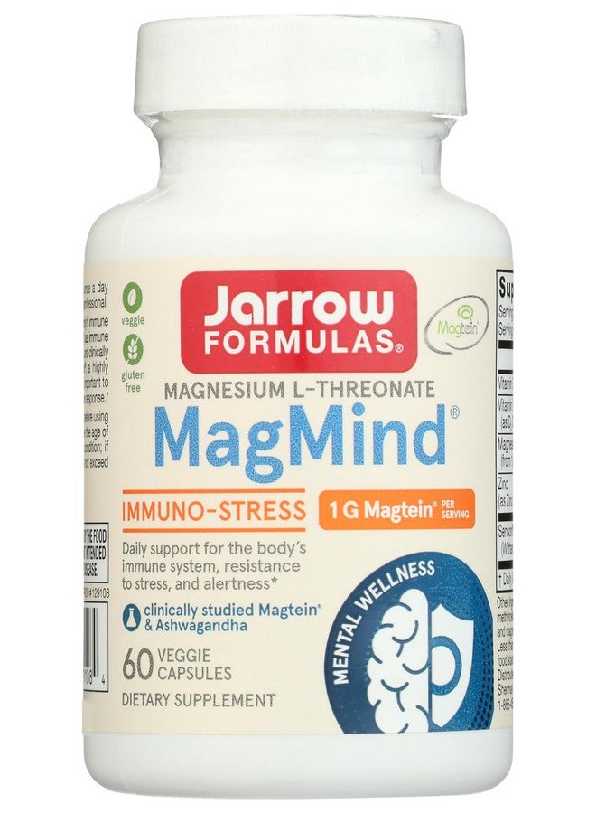 Jarrow Formulas Magnesium L-Threonate, MagMind Immuno-Stress, Dietary Supplement Featuring Ashwagandha and Immunity Support, Vitamins C & D, 60 Capsules, Up to a 30 Day Supply